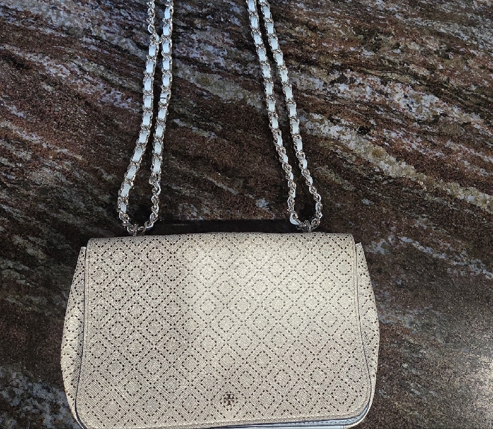 Tory Burch Silver Shoulder Bag with Geometric Texture